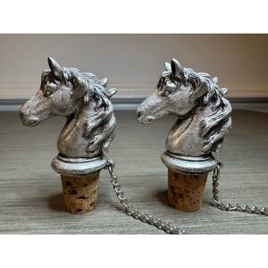 Vintage Pewter Horse Head Equestrian Wine Bottle Stopper Pair w/ Chain & Ring